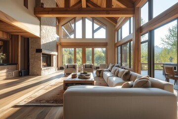 Fototapeta premium A spacious and Modern Farmhouse interior design style living room featuring large windows that let in natural light, a stone fireplace, and comfortable seating. The decor is warm and inviting.