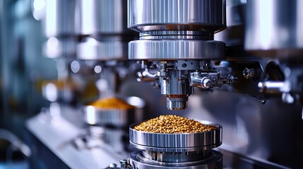 Close up of a professional coffee machine with golden beans ready for grinding in a factory