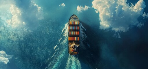 Aerial perspective of a cargo ship loaded with containers heading to an export cargo yard port for customs processing, showcasing technology in transportation, Forwarder Mast, webinar banner