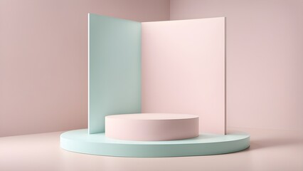 Pastel pink and mint green geometric display stand with blank space for product placement.