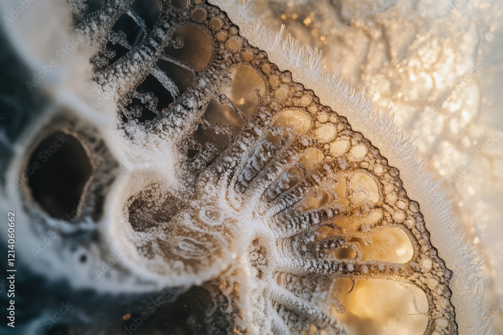 Poster macro close-up of intricate frost patterns on a leaf, abstract winter ice texture.