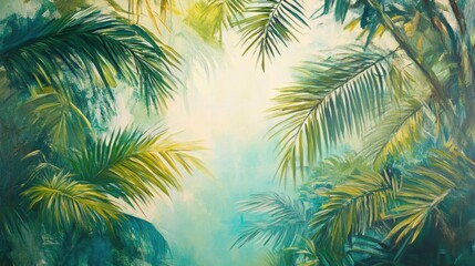 Lush Tropical Palm Fronds Oil Painting with Soft Sunlight and Teal Hues, Hand-Painted Background.