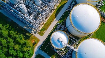 Aerial view of industrial plant with large storage tanks and complex piping system on green field