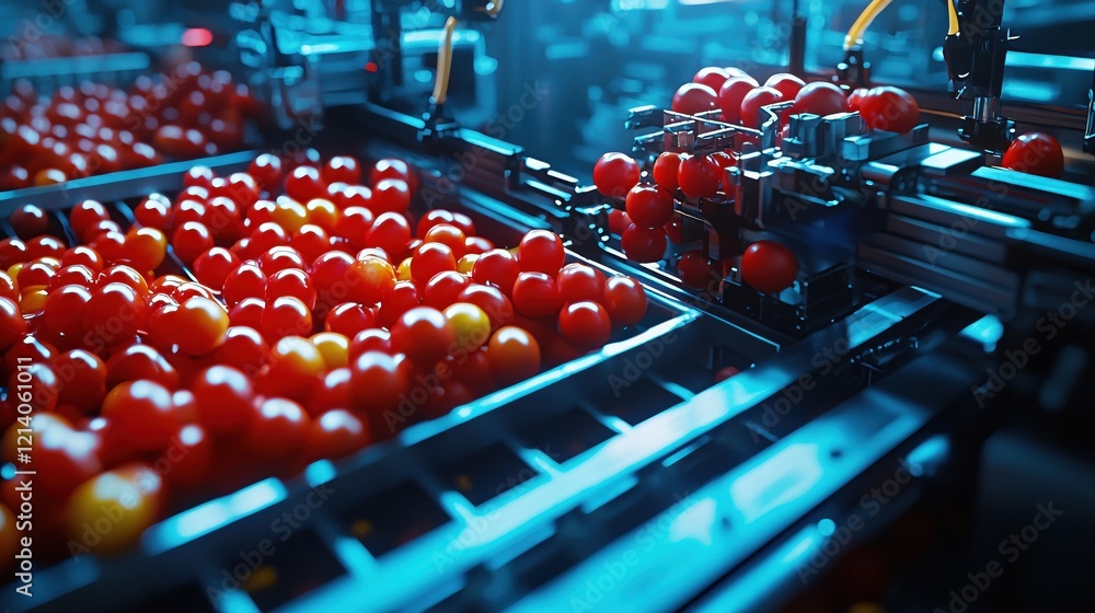 Poster automated tomato sorting line with robotic arms and glowing blue light in food factory