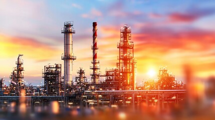 Obraz premium Industrial plant at sunset with vibrant sky and complex structure of pipes and towers