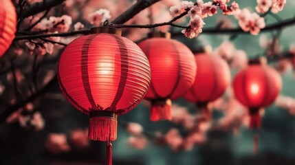 Glowing red Chinese lanterns set amidst a floral background. Perfect for web banners, illustrations, and postcard themes celebrating Chinese New Year festivities.