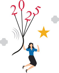 Businesswoman flying with 2025 balloons to reach star, 2025 new hope, hope of career development progress in 2025, new year hope for success in business, growing journey to achieve business success