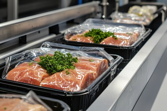 Fresh poultry portions on a conveyor belt in a food processing plant ready for packaging