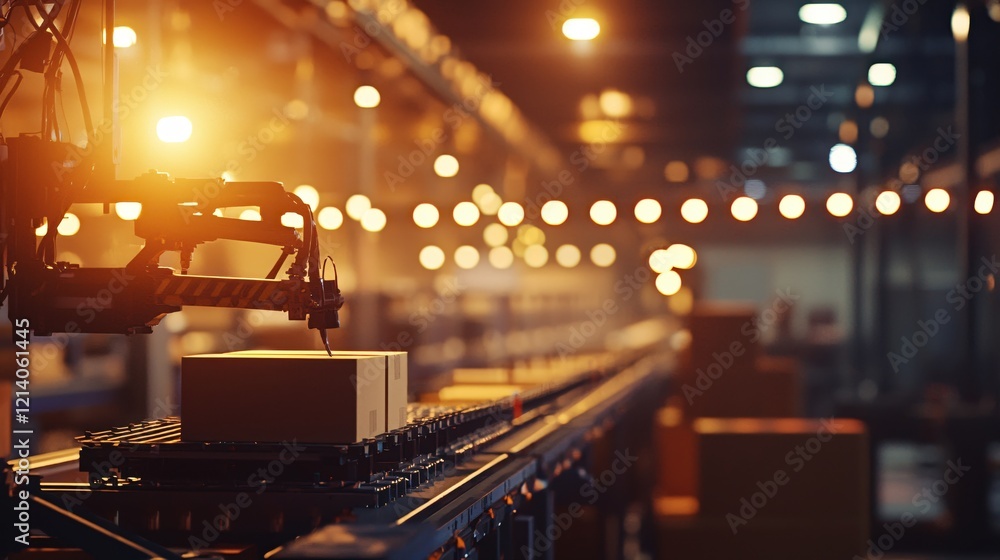 Poster automated robotic arm placing cardboard box on conveyor belt in warm lit factory setting