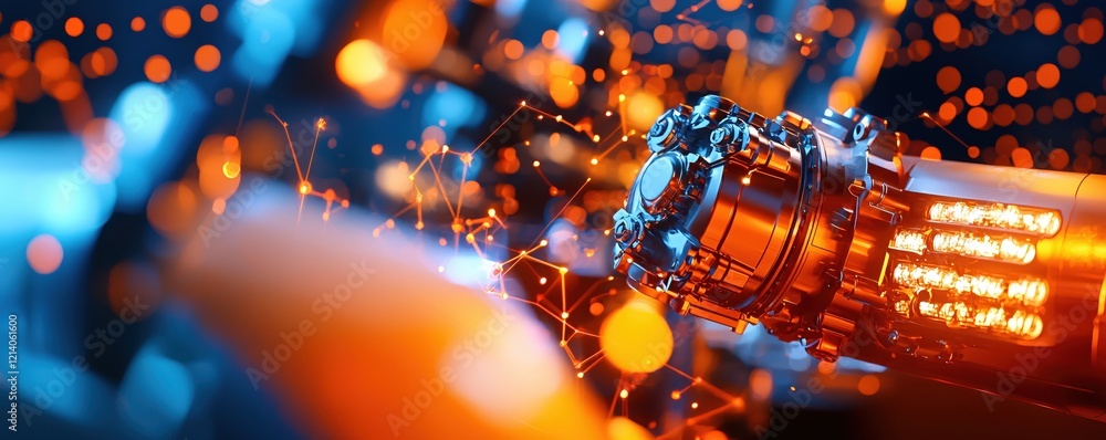 Poster abstract machine part with orange light and blue bokeh in a futuristic technological setting