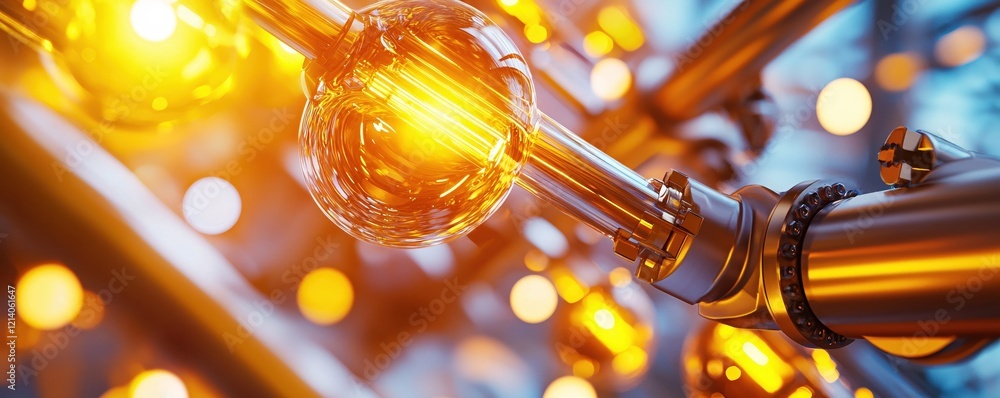 Poster golden light bulb filament glowing in a complex metallic structure with bokeh background