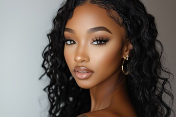 Naklejka premium Portrait of a woman with long, curly black hair and striking makeup. She has a natural glow, defined eyebrows, and wears hoop earrings. The background is softly blurred, emphasizing her features.