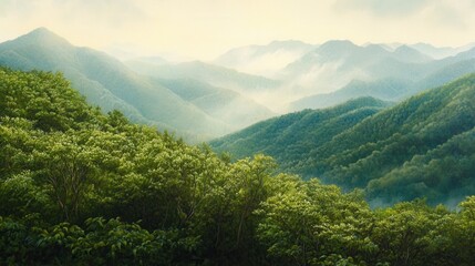 Naklejka premium Misty Mountain Range with Lush Green Forest and Atmospheric Haze, Oil Painting Style.