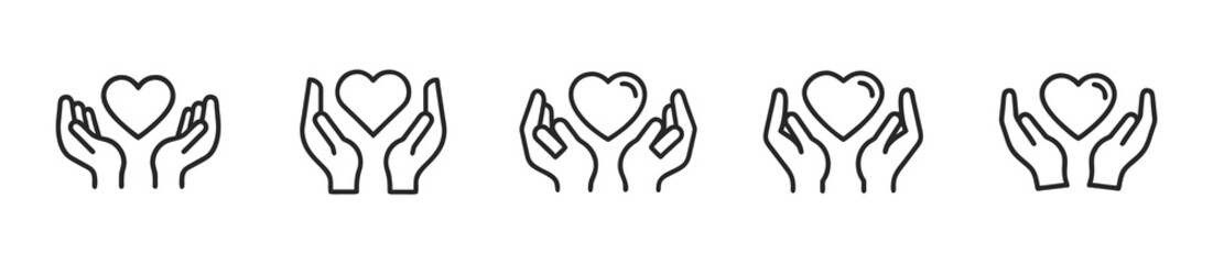 hands holding heart care icon set. minimalist line art vector for love, giving, and kindness, support