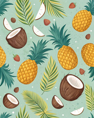 The illustration depicts a colorful tropical pattern with pineapples, coconuts, palm leaves and strawberries.