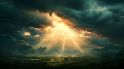 Fototapeta premium Dramatic powerful sunbeams bursting through ominous moody clouds in a serene awe inspiring natural landscape scenery Glowing golden light illuminates the panoramic view
