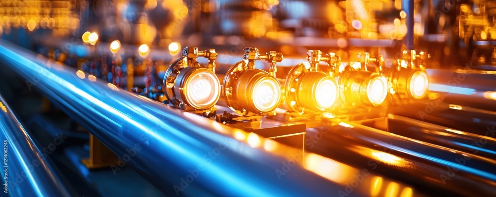 Poster industrial pipes with bright light in a factory setting with a bokeh effect in the background