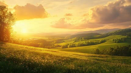 Obraz premium Golden Hour Serenity A Lush Meadow Landscape at Sunset with Rolling Hills and Clouds.