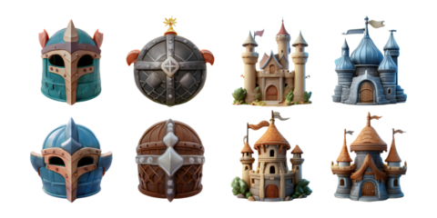 Colorful Medieval Castle and Helmet Illustrations, PNG collection, set bundle, isolate on transparent or white background