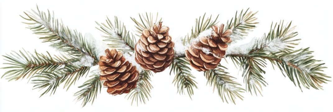 Watercolor Pine Branch with Three Snow-Dusted Pine Cones on White Background.
