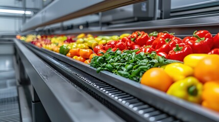Fresh produce on conveyor belt in industrial setting with bright red yellow and green colors