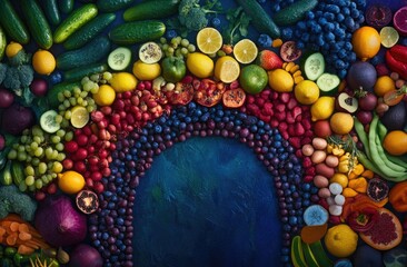 Fototapeta premium A rainbow of vegetables and fruits, all arranged in the order from red to yellow, green, blue, and purple