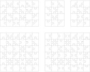 Illustration of five white puzzles, separate parts