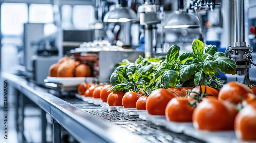 Poster fresh tomatoes and basil on a conveyor belt in a food processing factory with metallic elements
