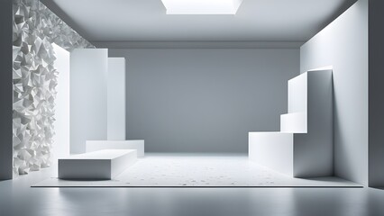 Obraz premium Minimalist white room interior with geometric shapes and textured wall, perfect for product display or background.