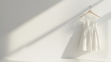 A minimalist setting featuring a white dress on a hanger, with a clean and serene backdrop.