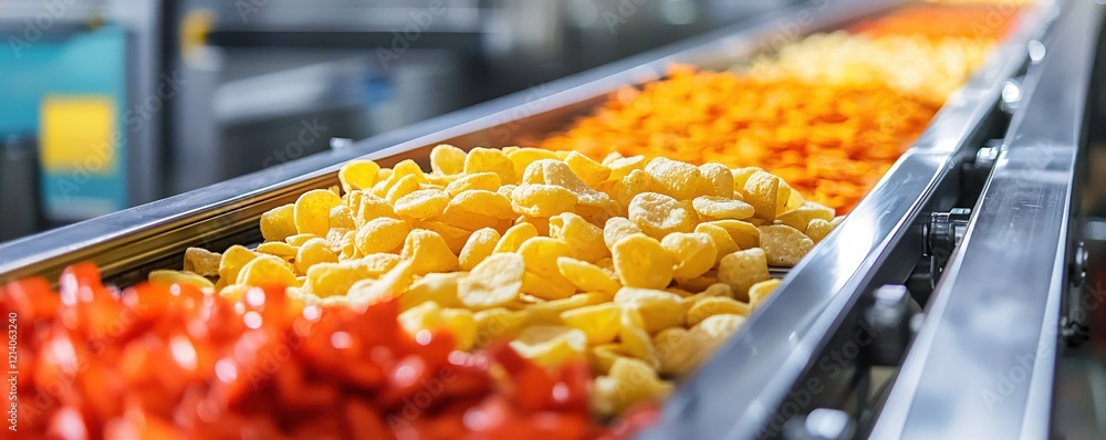 Poster food processing line with colorful snacks moving along conveyor belt in factory setting