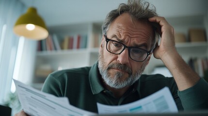 Worried man reviewing bills at home.
