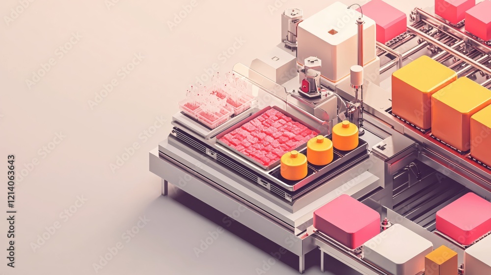 Poster automated process with conveyor belt and containers in a modern industrial setting
