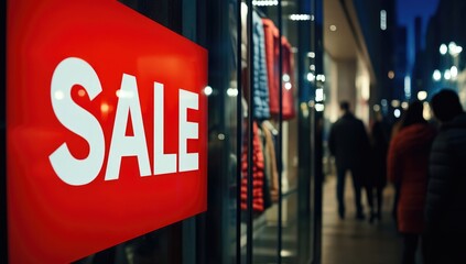 A red and white "SALE" sign in the window of an outdoor store, with customers walking past on both sides.