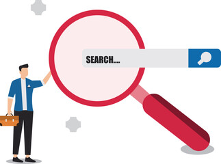 Find new job or explore website concept, looking for job vacancies, browse the internet to get information, search concept, man looking for job information in the search box using magnifying glass