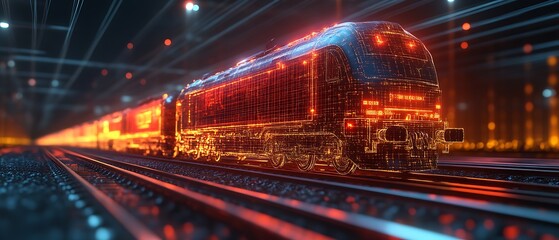 Obraz premium Futuristic digital train on tracks.