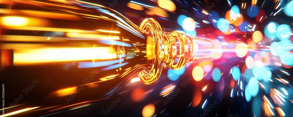 Poster abstract light speed tunnel with golden coil and vibrant bokeh in a dark space background