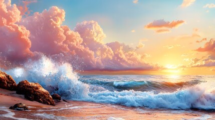 Fototapeta premium Breathtaking sunset seascape with powerful crashing waves swirling foaming surf and a dramatic colorful cloudscape in the evening sky