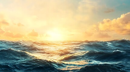 Naklejka premium Stunning golden sunset casts a warm ethereal glow over the serene turquoise ocean waves crashing gently on the picturesque sandy tropical beach A captivating dreamlike natural landscape scene