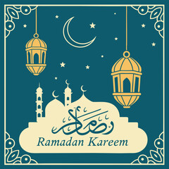 Ramadan Kareem greeting card with mosque and crescent. Vector illustration