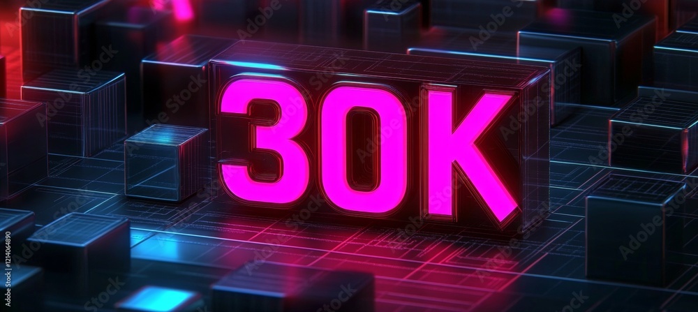 Poster glowing digital 3d number 30k on a futuristic technology background with data light blocks
