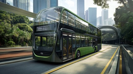 Obraz premium A sleek electric double-decker bus navigates through an urban environment. Towering skyscrapers and lush greenery frame the route, highlighting advancements in sustainable transport.