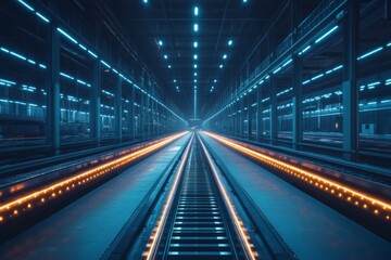 Fototapeta premium Modern warehouse with glowing conveyor belts Blue and orange light, wide angle and high resolution photography