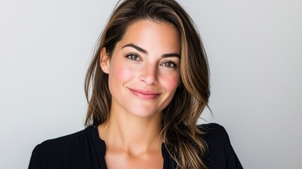 Fototapeta premium Portrait of a woman with brown hair and eyes against a plain white background wearing a black top