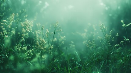 Fototapeta premium Dreamy Emerald Meadow Misty Floral Field with Soft Light.