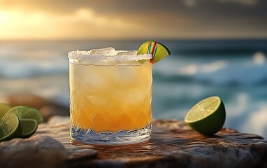 Sunset margarita on beach rocks.