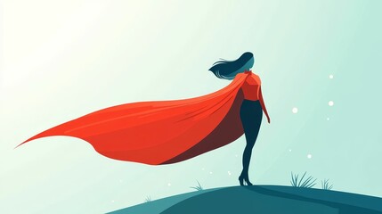 Woman, red cape, windswept, hilltop, confident stance.
