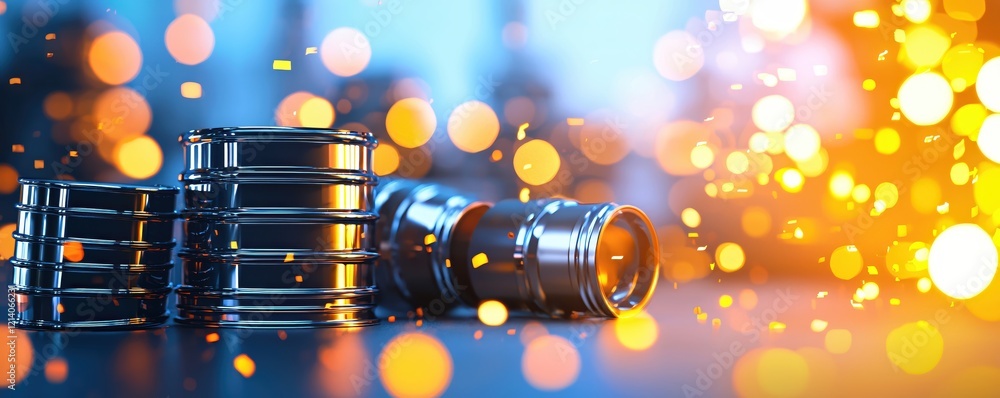 Aufkleber metal rings on reflective surface with bokeh effect and falling particles in blue and orange tones