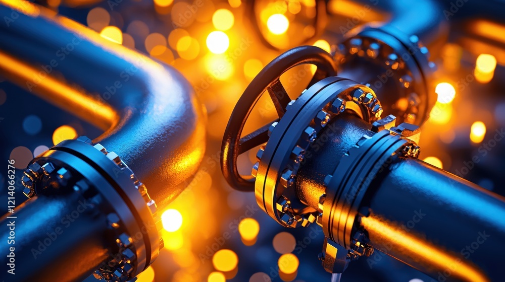 Aufkleber industrial pipeline with valve and bolts in blue and orange light with bokeh background
