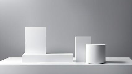 Fototapeta premium Clean minimal product display featuring white geometric shapes on a gray background.